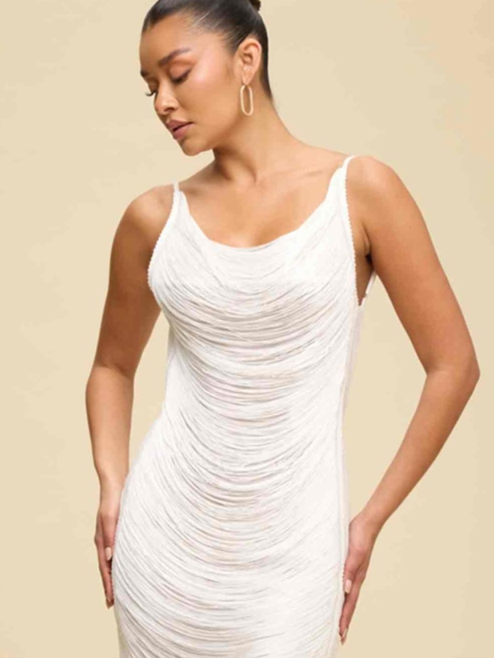 Cream Draped Backless Fringe Mini Dress Size M Halter Tie Stretch